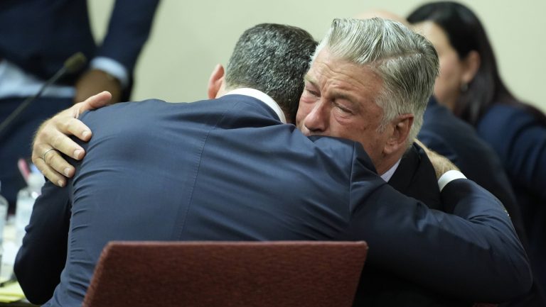 July 12, 2024, Santa Fe, New Mexico, USA: US actor ALEC BALDWIN hugs his attorney ALEX SPIRO at the conclusion of his tr